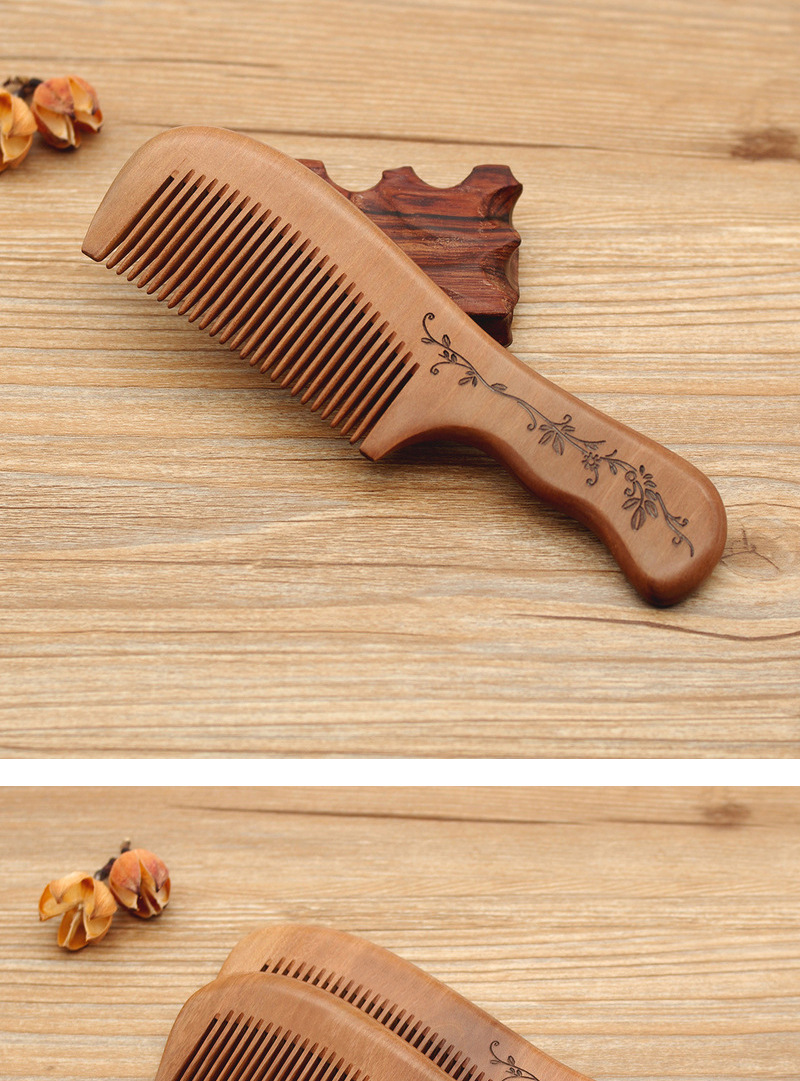 木梳子桃木梳 有柄细齿木梳 如意图案 免费刻字梳子