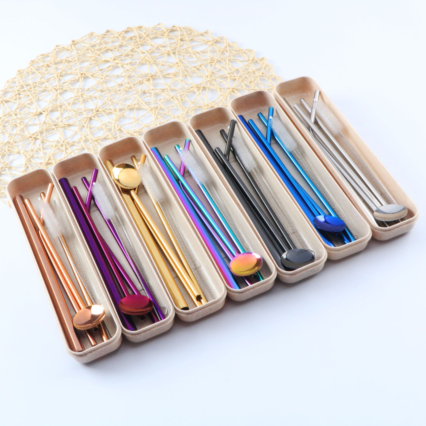 【亿钢】304不锈钢吸管套装 便捷吸管勺清洁刷小麦盒子六件套装