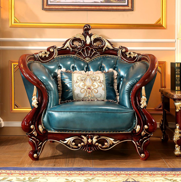 紫萱家具 欧式真皮沙发 红檀色实木雕刻大户型客厅家具 高档奢华