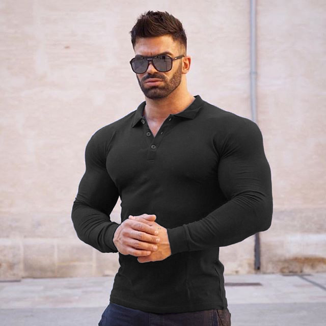 肌肉欧美polo衫男新款运动长袖翻领速干男士健身紧身衣跑步训练服