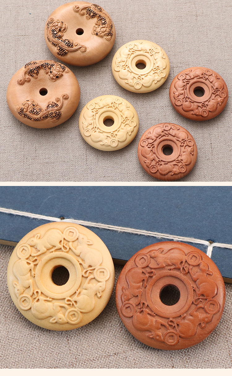 厂家批发桃木雕刻 平安扣五鼠运财 貔貅祥云扣婴儿产品diy配件