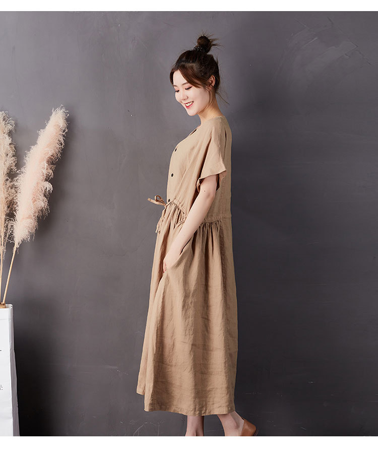 韬韧日式亚麻简约连衣裙夏季大码时尚女装裙子纽扣中长裙批发定制