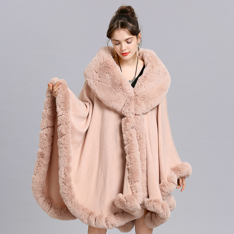 European and American New Large Size Coat Women's Cape and Shawl Loose Faux Fur Collar Knitted Cardigan Shawl Cape 1561#