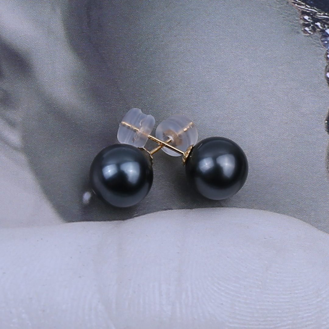 大溪地海水珍珠圆珠基本无暇黑珍珠耳钉18k金 厂家批发