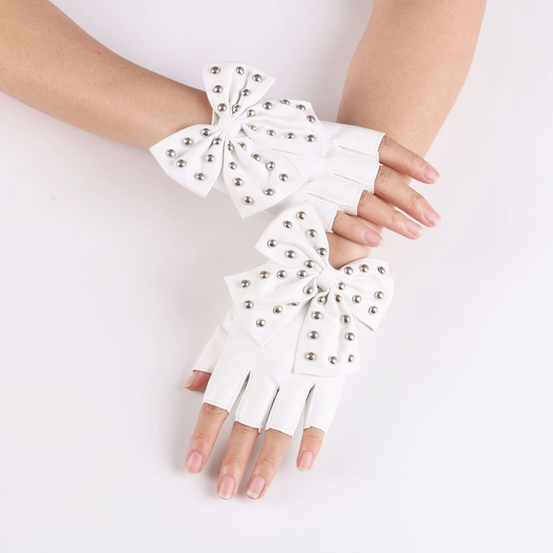 跳舞演出手套时尚女士多色半指仿皮手套表演铆钉可爱蝴蝶结手套