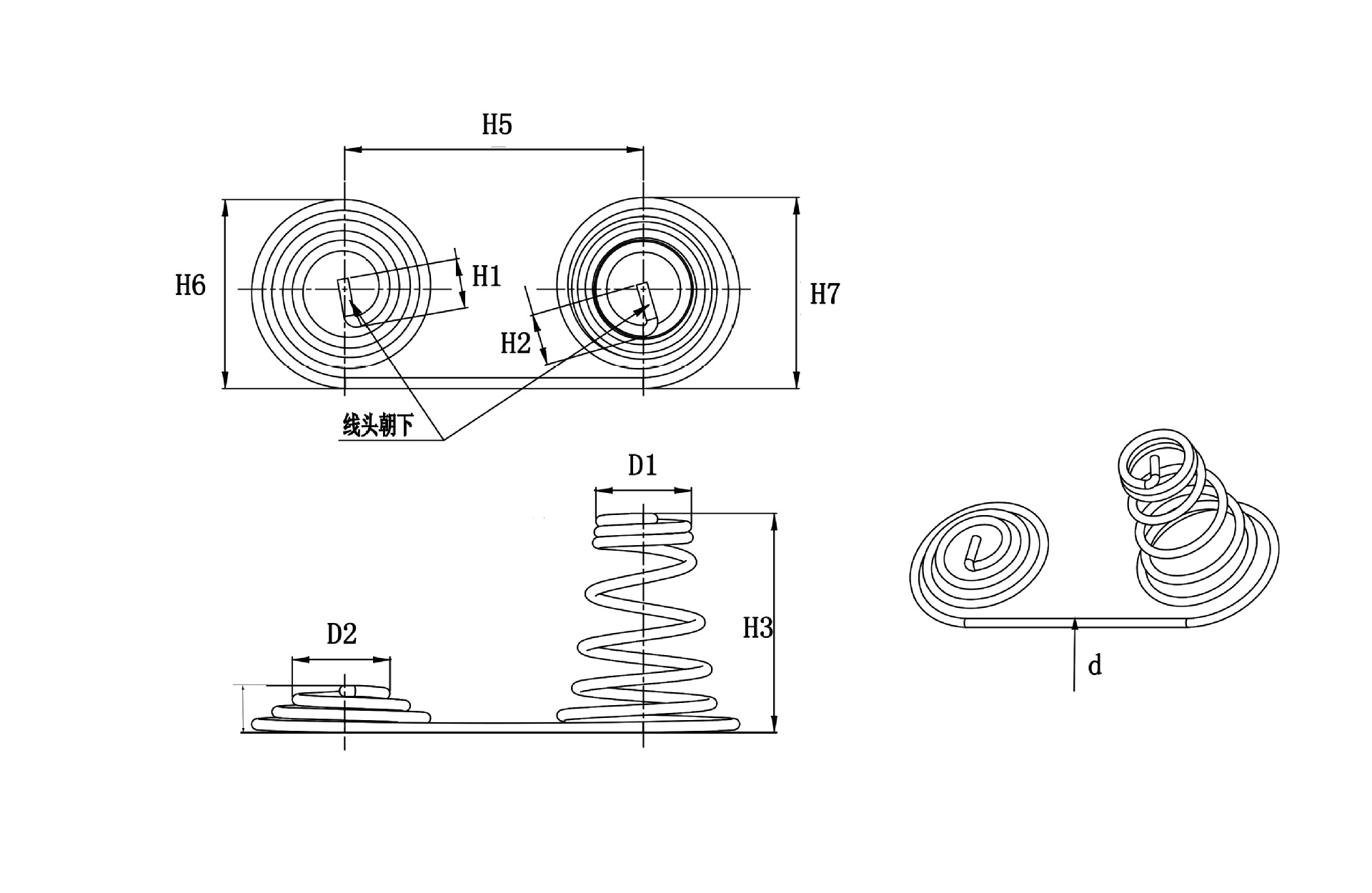 图纸请注明:材料直径 (d),外径(d1),内径(d2),长度(h),工作圈数(n),节