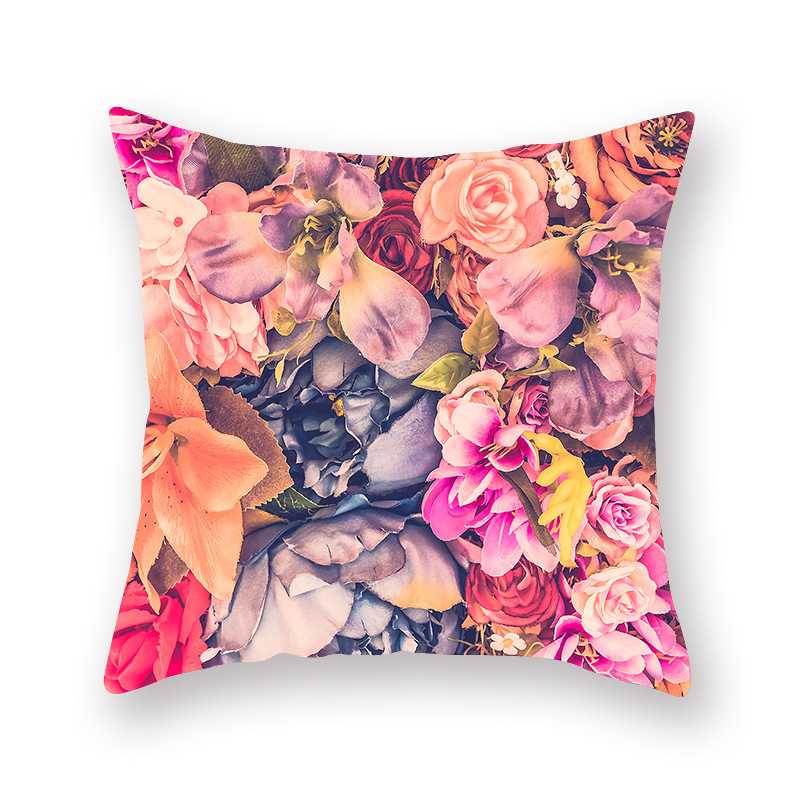 亚马逊爆款家居粉色植物花朵抱枕套桃皮绒印花靠枕坐垫定制厂批发