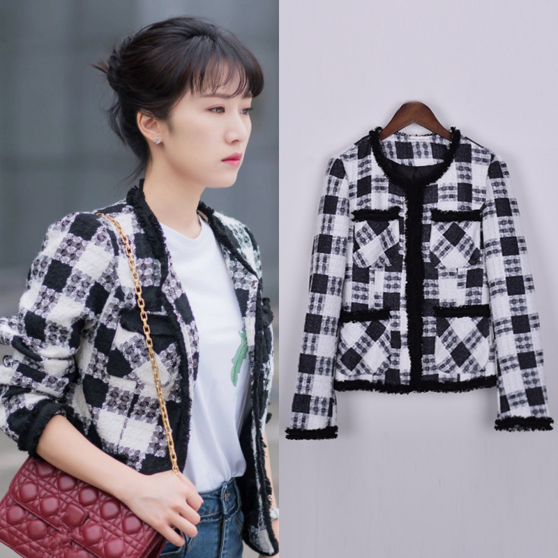 都挺好李念朱丽同款粗花呢外套黑白格子气质百搭韩版小香风衣服女