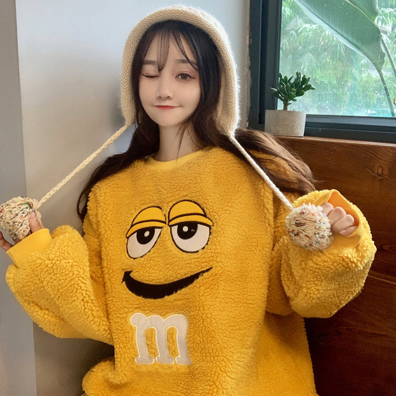 厂家跨境2019冬季新款可爱百搭加厚羊羔绒毛茸茸卫衣女上衣外套潮