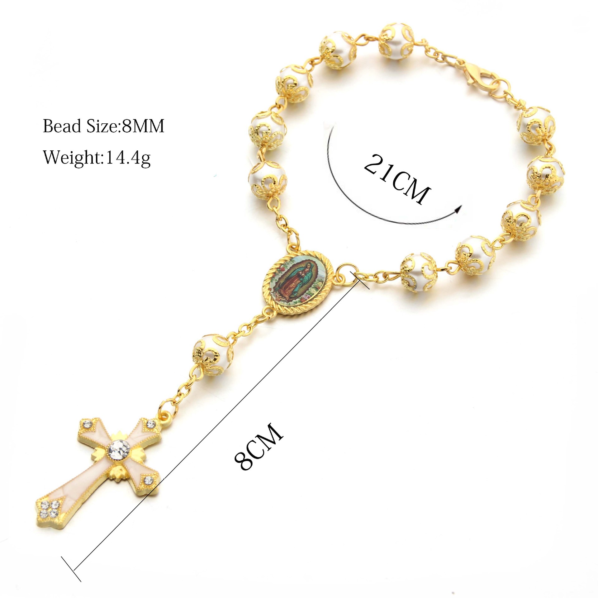 跨境爆款配饰天主教念珠金色手链玻璃珍珠基督十字架耶稣圣母手链