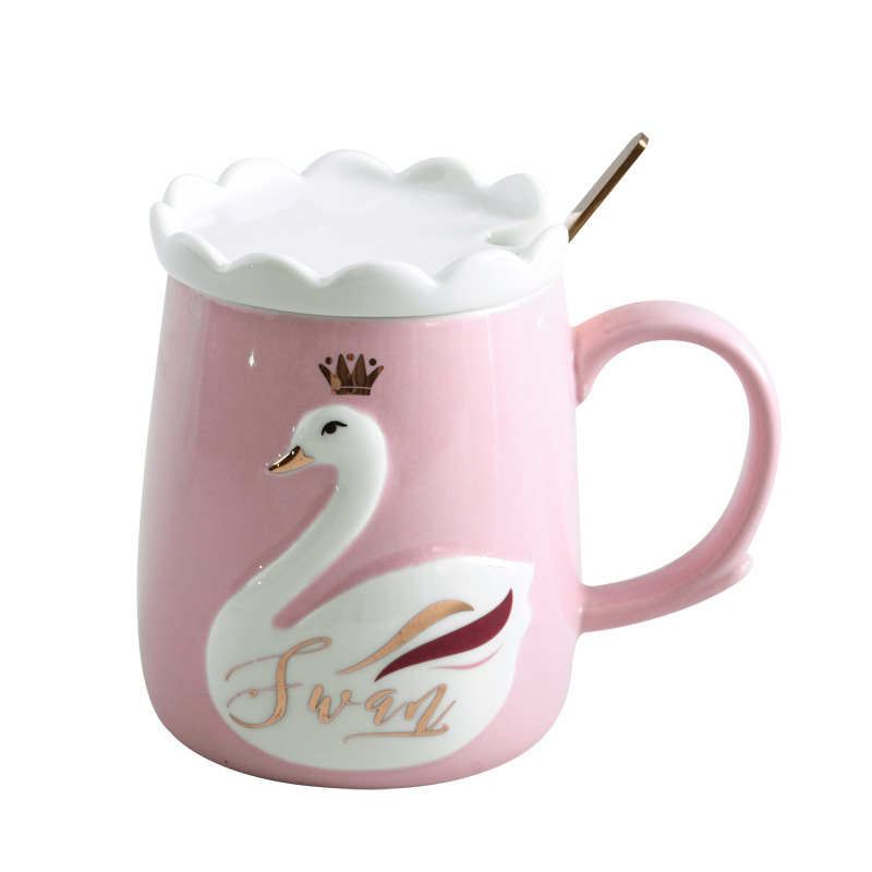 Creative Relief Three-Dimensional Swan Cartoon Ceramic Cup with Cover Spoon European Couple Water Cup Milk Coffee Cup