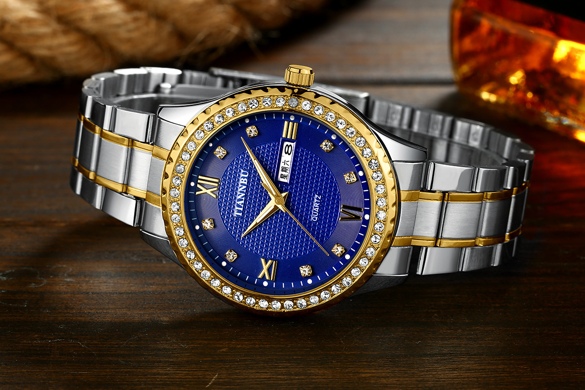 天博正品镶钻手表男防水双日历夜光表男士腕表防水