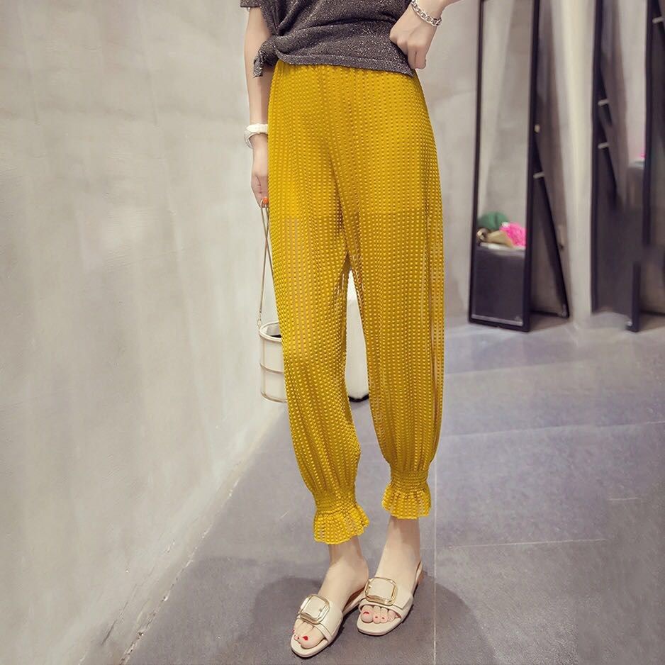 2020雪纺防晒凉凉裤女夏宽松防蚊网纱哈伦小脚九分裤薄款灯笼裤mm