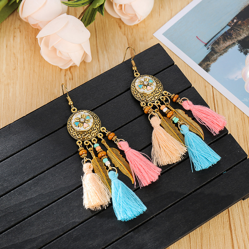 Retro Style Palace Long Tassel Bead Earrings round Carved Painting Oil New European and American Earrings Ethnic Style Jewelry