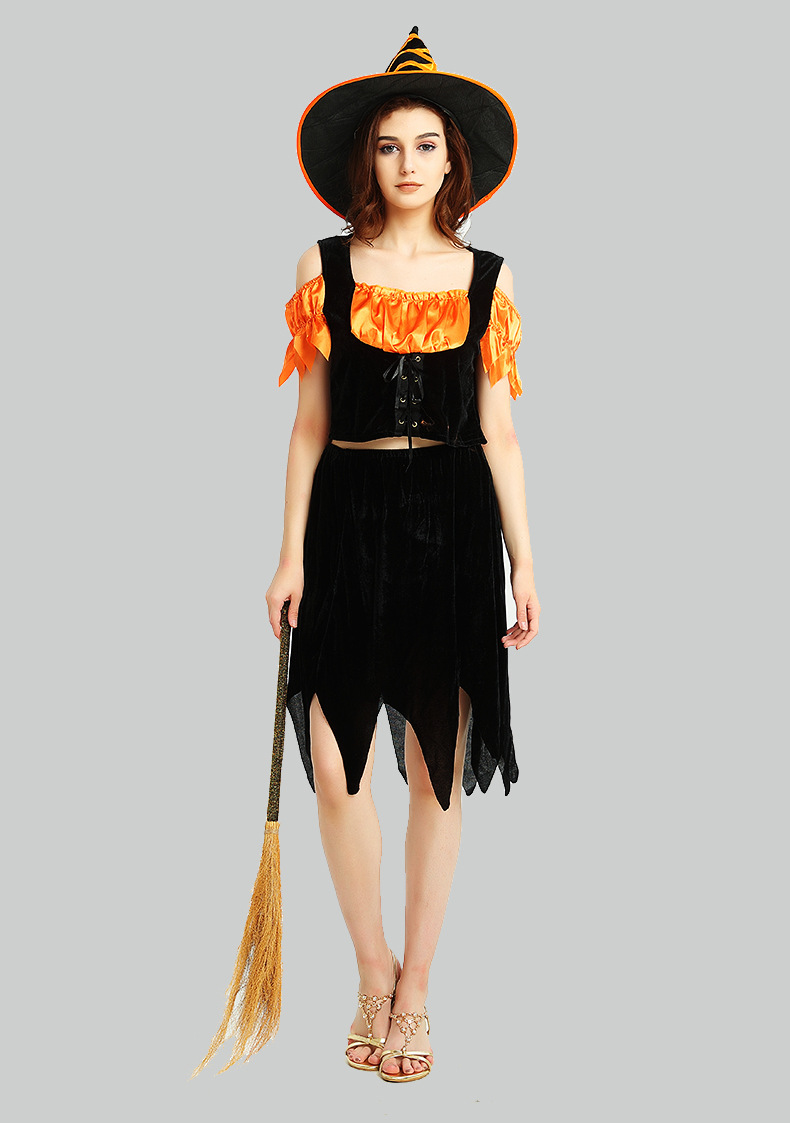 狂欢节cosplay女巫装扮橙色黑短裙巫婆角色模仿派对ds舞