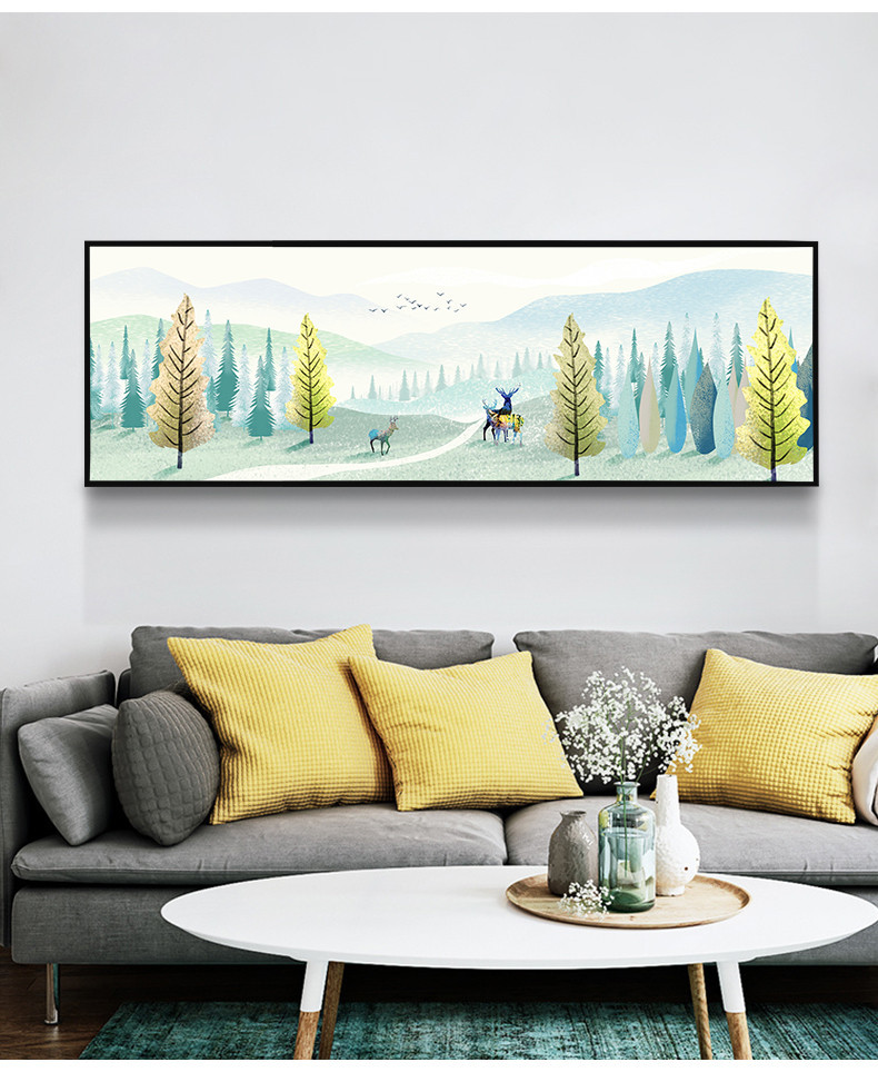 微光森林北欧风格卧室床头装饰画横幅麋鹿挂画大幅壁画室内墙壁画