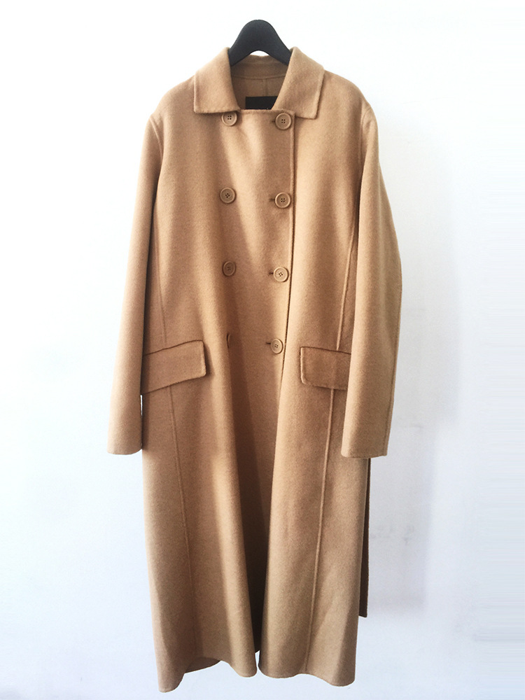 法国2019秋冬新款欧美手工双面双排扣毛呢外套中长款羊毛大衣女