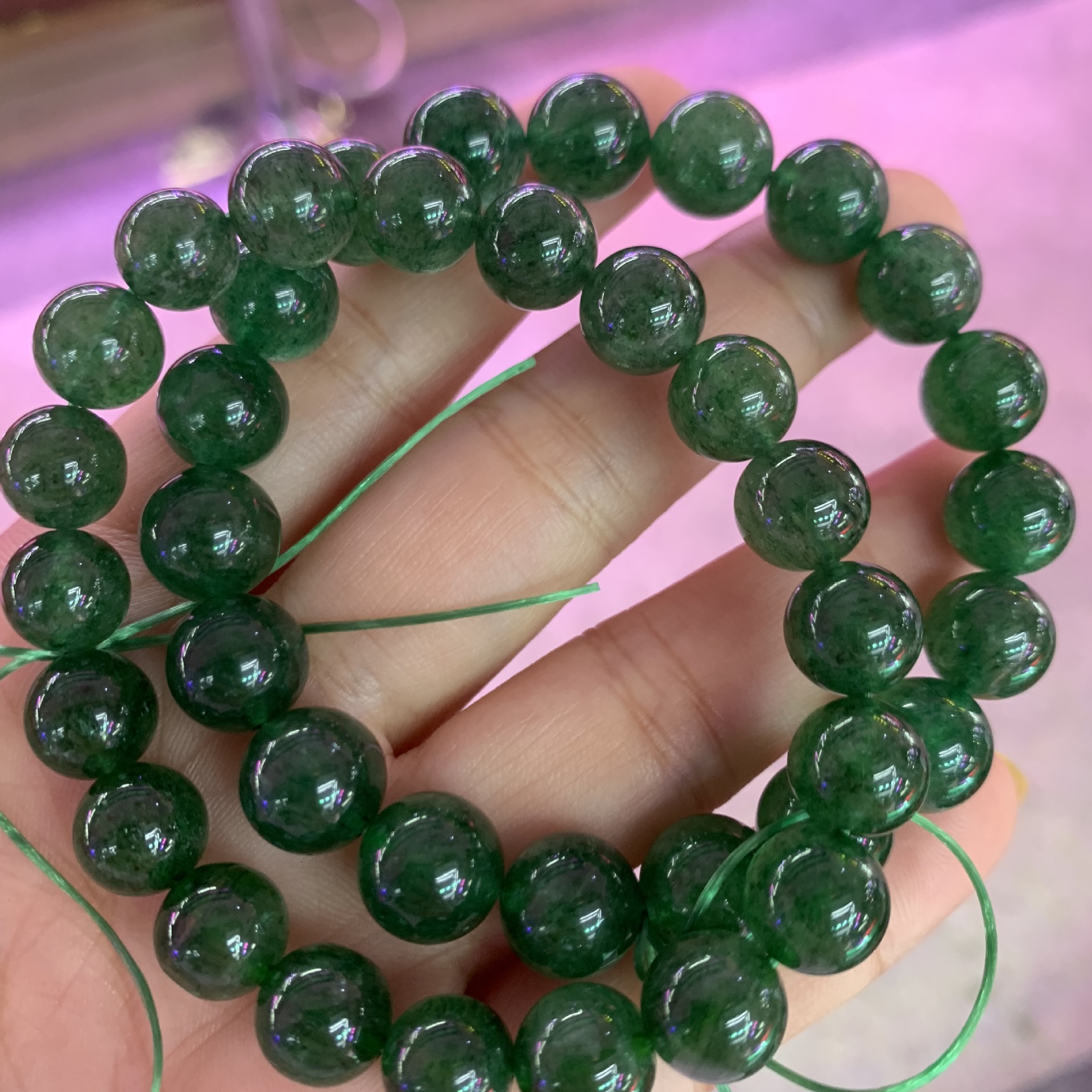 天然绿草莓晶单圈手串 深绿色成色好7-12mm四季佩戴手链