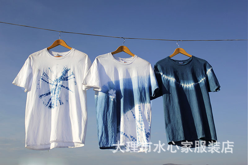 20春夏植物天然蓝染棉扎染大码短袖扎染t恤男女情侣同款