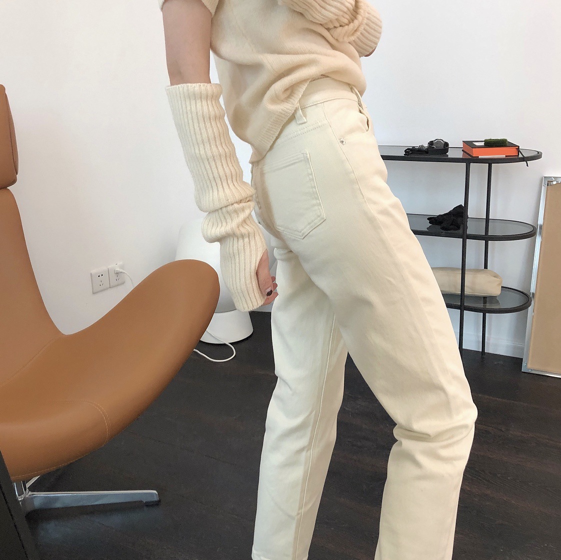冬季新韩版简约白色高腰牛仔裤直筒显瘦加绒弹力九分裤休闲长裤女