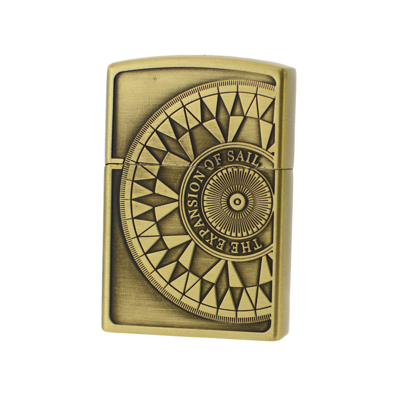 Relief Navigation Compass Metal Gas Creative Upscale Gift Grinding Wheel Open Flame Gas Lighters Vintage Bronze