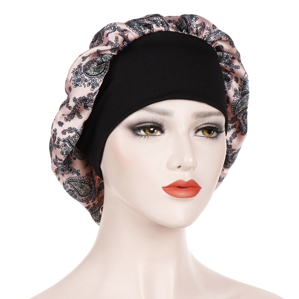 ins 6色花布睡帽仿真丝印花缎面头巾帽欧美头巾帽包头帽