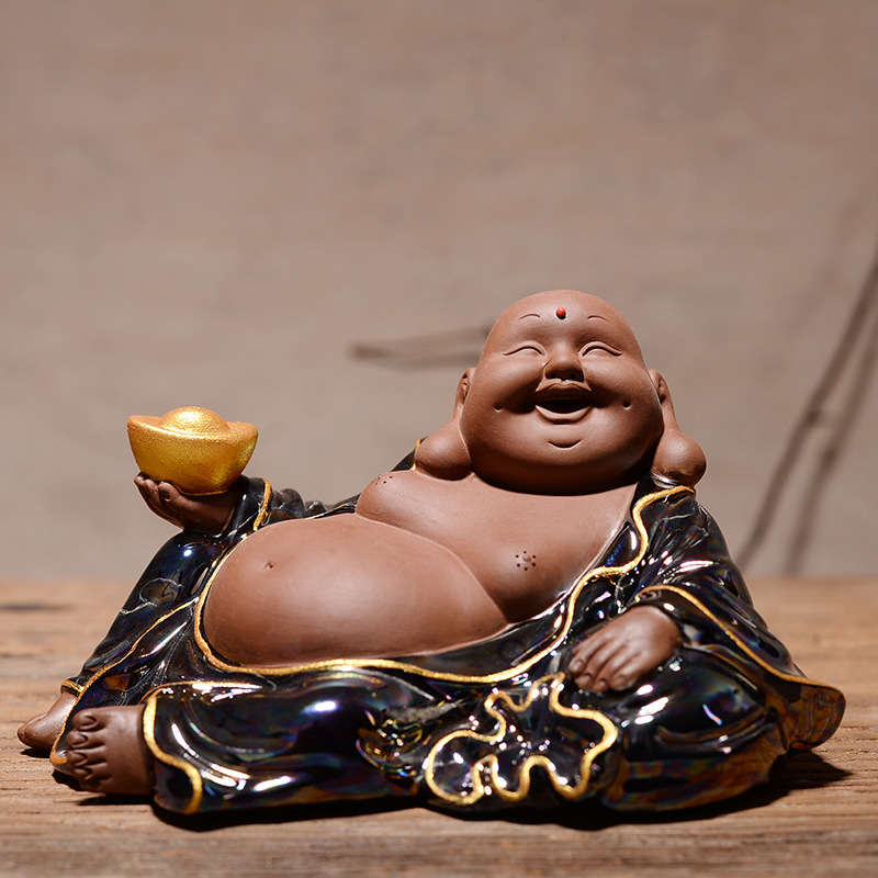 开心弥勒佛招财笑佛可爱茶宠摆件小号紫砂家居装饰品禅意茶桌摆设