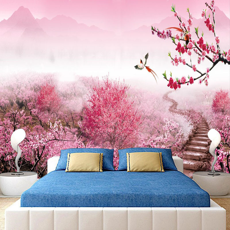梦幻墙纸粉色卧室三生三世十里桃花壁画古风背景墙婚纱店壁纸墙布