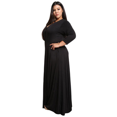 时颖欧美女装纯色v领八分袖高腰有口袋长款加大码连衣裙610423