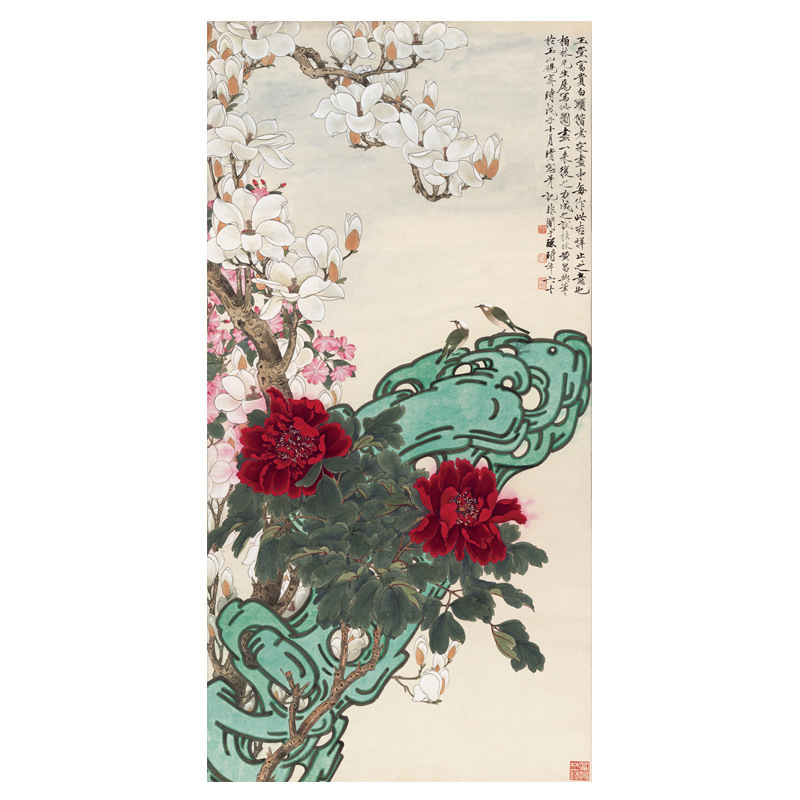 [Quality Home] Home Textile Home Decoration-Light Luxury/Retro Chinese Painting Hallway Vertical Wealth Mantang Flowers and Birds Scroll Painting
