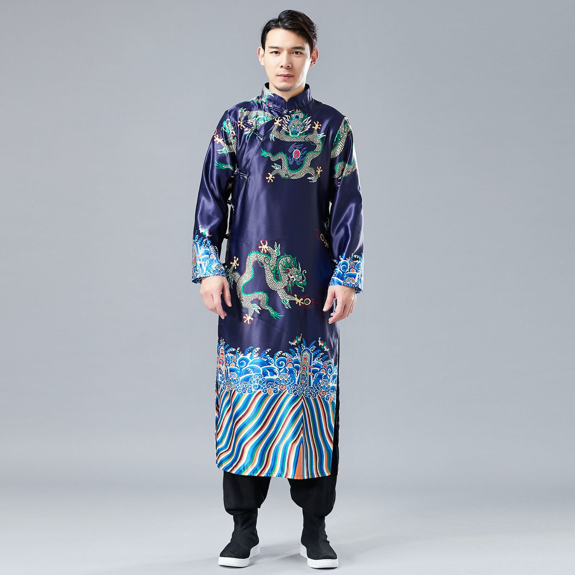 2019春季新款 小龙盘扣长衫 复古中国风长衫男盘扣开衫民族服装