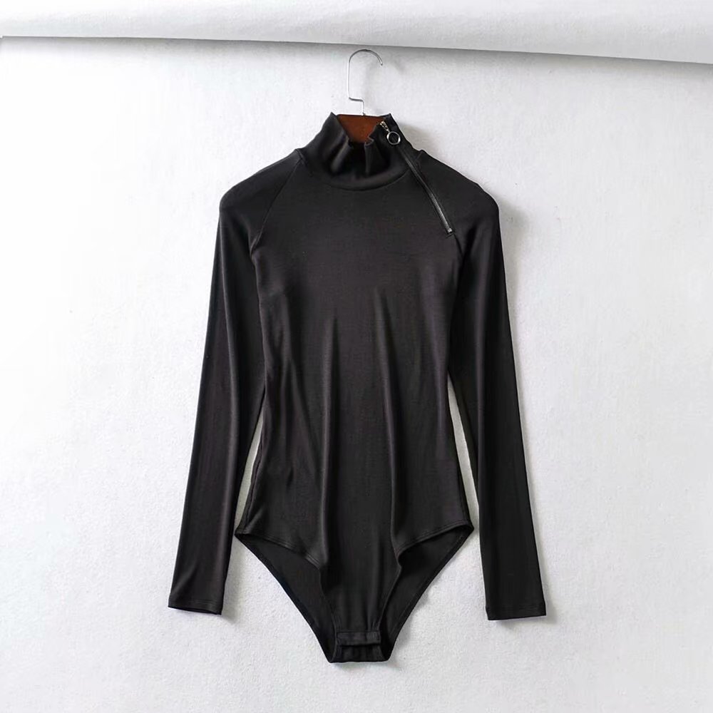 w外贸 跨境欧美红人时装街拍高弹修身长袖连体衣肩膀拉链纯色t恤