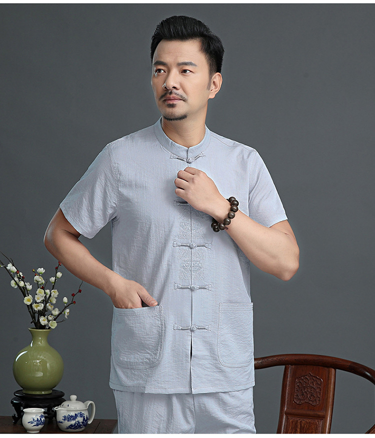 男士棉麻 中老年唐装男 夏装亚麻短袖男套装立领盘扣汉服中式禅服