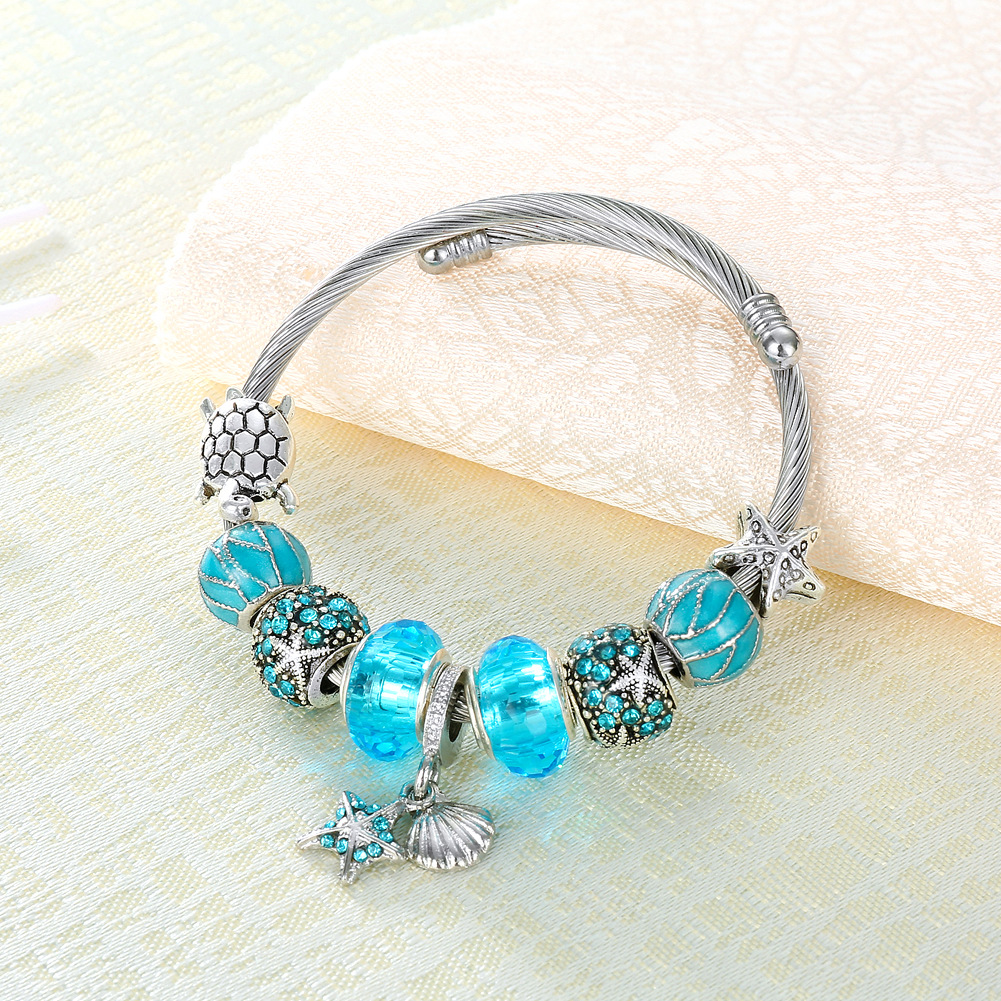 海龟贝壳手镯 蓝色水晶海洋diy合金珠子手串 钛钢手镯亚马逊饰品