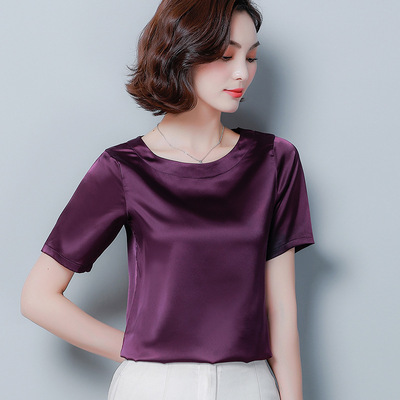 仿真丝短袖t恤上衣女2019夏季新款绸缎宽松大码中年百搭打底衫
