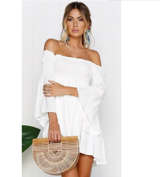 欧美女装性感连衣裙露肩松紧一字领长袖宽松沙滩连衣裙