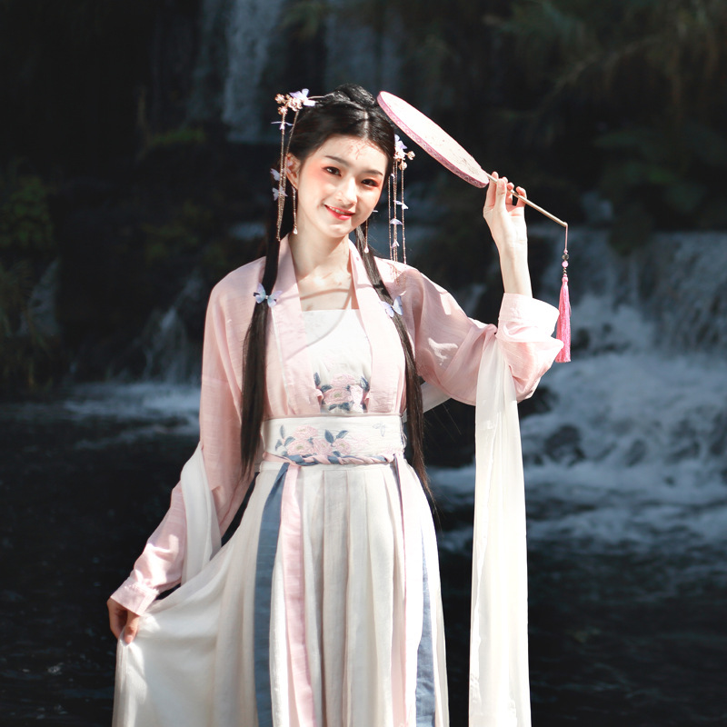 【碧罗烟】原创提花短大袖衫对襟粉色上儒米白长大袖衫拼色一片裙