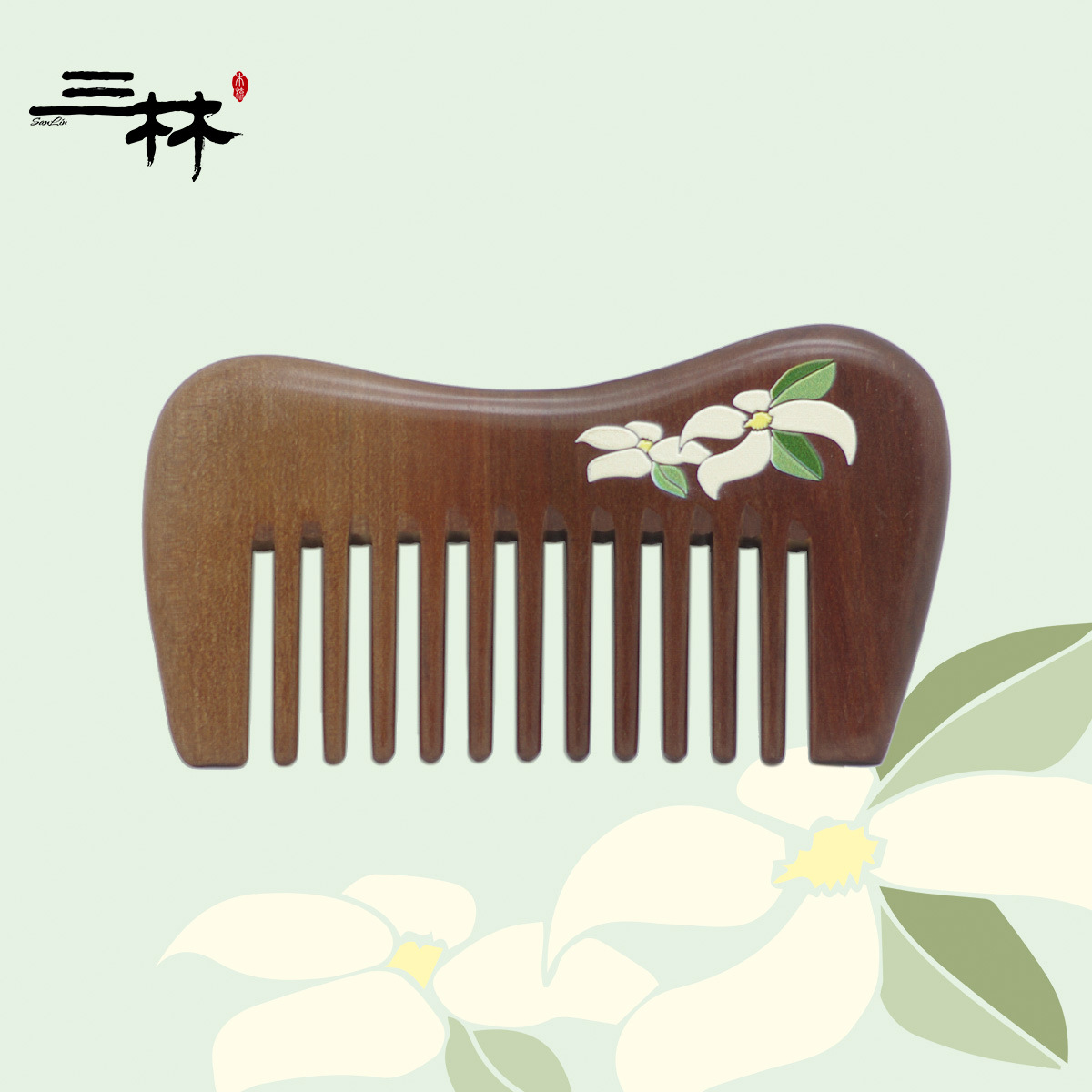 三林木梳 天然楠木梳子口袋包包整木梳便携礼品家用彩绘木梳c10-1