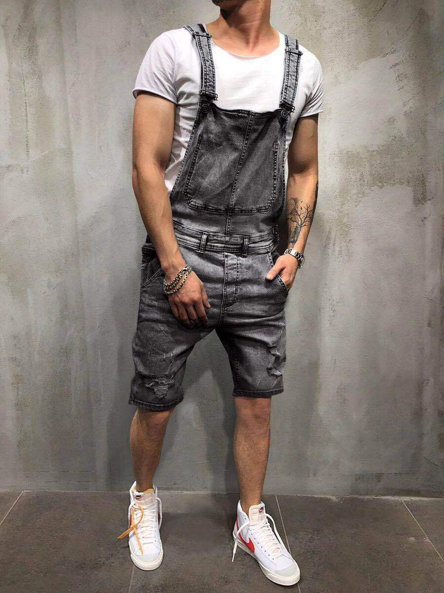 时尚男士吊带背带牛仔布连裤撕裂了牛仔短裤流行流行工作服w197