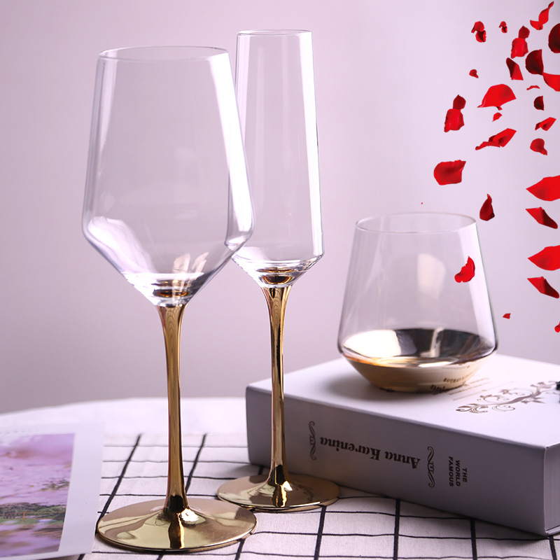 Creative Electroplating Gold Rod Crystal Red Wine Glass Champagne Glass Whiskey Glass Glass Water Cup Bright Gold Bottom Goblet