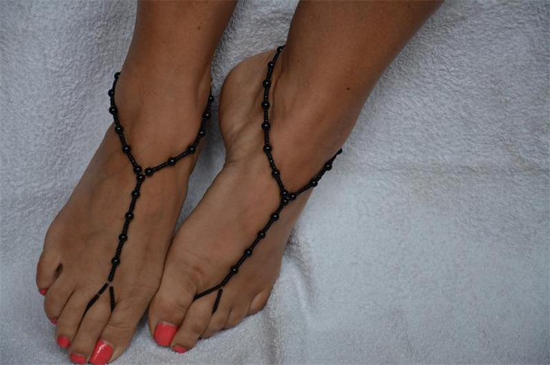欧美跨境饰品 时尚个性串珠黑色珍珠连趾弹力脚链 夏季沙滩脚饰
