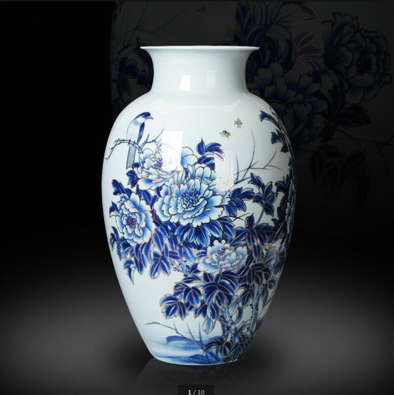 手绘青花瓷 名家作品 中式牡丹富贵家居收藏工艺品花瓶摆件装饰品