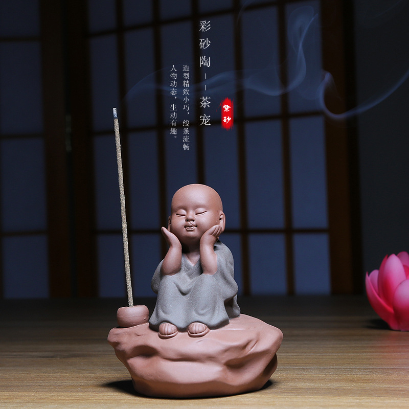 车载彩砂陶瓷沙弥开心功夫小和尚家居装饰品禅意功夫茶具茶宠摆件