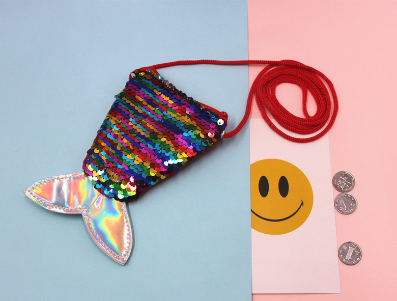 Sequined Mermaid Lanyard Coin Bag Small Wallet Children's Crossbody Small Bag Fish Tail Two-Color Sequined Coin Purse for Women