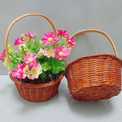 现货芒编手提小花篮14公分插花小篮子圆形手工编织篮子厂家直销