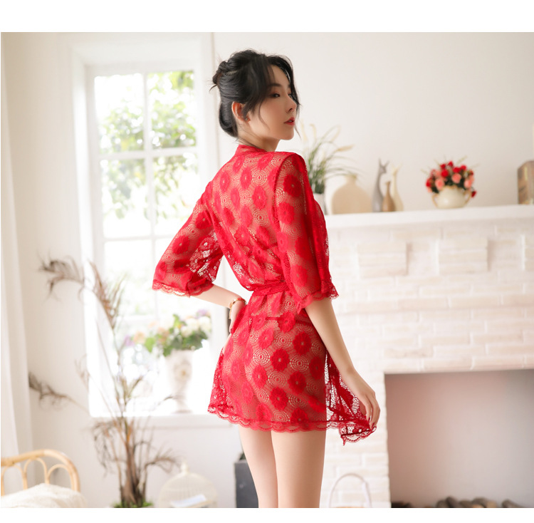 情趣内衣三点式蕾丝浴袍三件套装透明成人性感睡衣家居睡袍8281