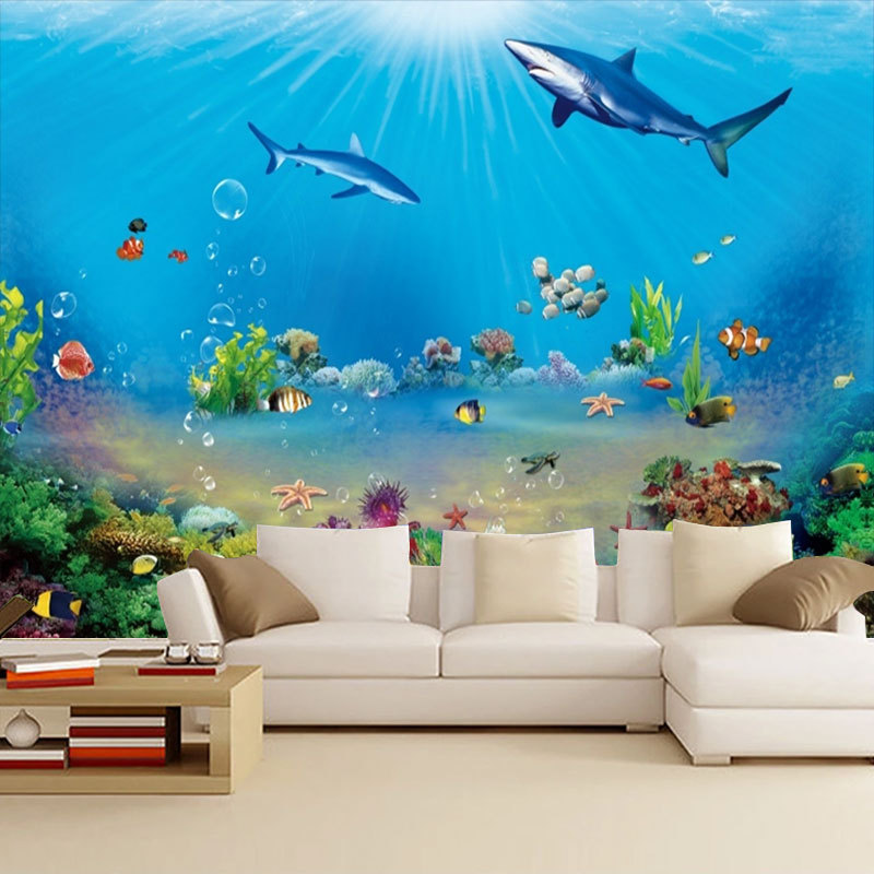 大型海底世界主题酒店背景墙壁纸卧室客厅3d立体海洋壁画无缝墙布