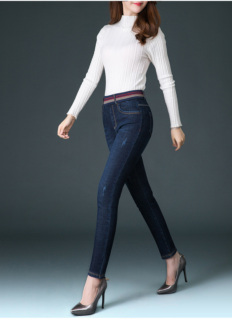 牛仔裤女2019秋季新款松紧高腰弹力中年女裤修身显瘦铅笔小脚长裤