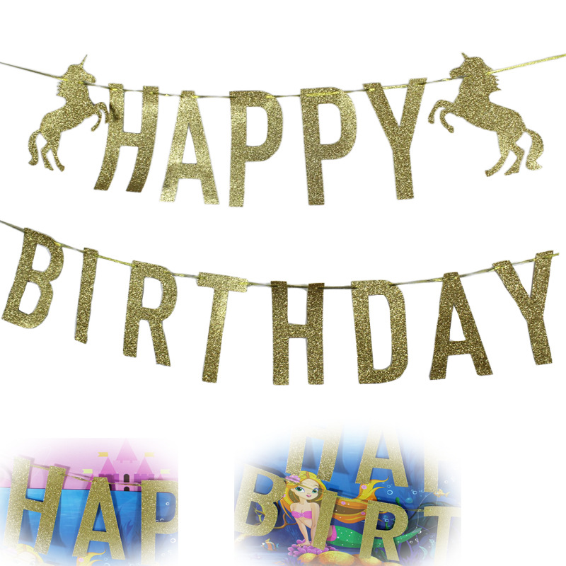 金色闪粉happybirthday字母拉花 独角兽生日派对横幅跨境专供
