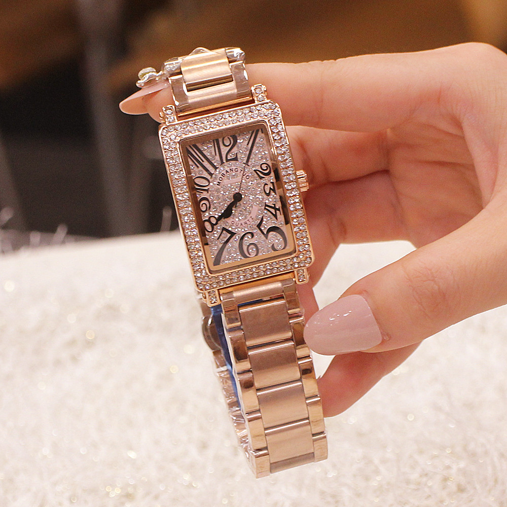 网红2019新款正品时尚潮流手表女满钻长方形钢带镶钻石英防水腕表